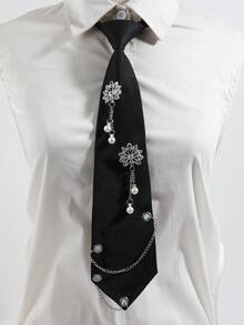 1pc Rhinestone Lotus Pearl Chain Decor Shirt Accessory Niche Luxury Women's Tie - Multicolor - View 2