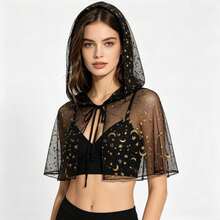 Theme Party Hooded Costume Capelet In BlackSheer Mesh, Moon Star Tie Front Short Shawl ForPhoto Styling Halloween - Black - View 6