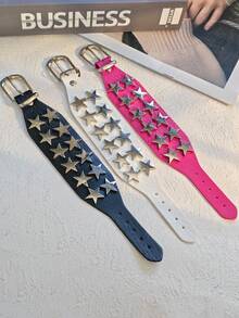 1pc Y2K Millennium Style PU Leather Wide Bracelet, Zinc Alloy 3D Pentagram Rivet Belt Buckle Wristband, Sweet Cool Punk Hip-Hop Multi-Color Versatile Adjustable Wrist Accessory - Star Bracelet - View 2