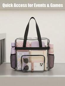 NEWHEY Large Capacity Transparent PVC Tote Bag, Waterproof Clear Handbag With Detachable Crossbody Strap And Side Mesh Pocket; Can Be Used As Travel Toiletry Bag, Suitable For Daily Outings - Black - View 3