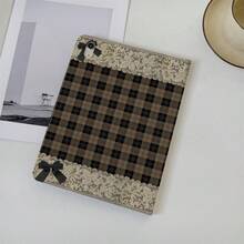 1pc Vintage Brown Plaid Lace Black Bow Print Tablet Protective Case, With Pen Slot, Multi-Angle Magnetic Stand Cover, Supports Auto Sleep/Wake, Compatible With IPad PRO/AIR, Pad 5/6/7, Pad, MatePad, Pad, Honor Pad, Pad - Multicolor - View 3
