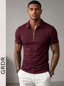 GRDR Men's Solid Color Short Sleeve Zipper Design Casual Versatile T-Shirt - Burgundy - View 12