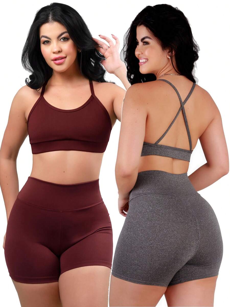 Work Fitness Kit 2 Set Backless Cross Strap Top And Basic Premium Shorts - Gris y Burdeos - Ver 1