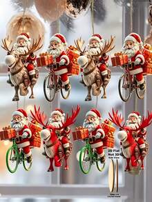 16/12/8/1pc 2D Flat Wooden Santa Claus Decoration, Reindeer Bicycle Santa Claus Hanging Ornament, Waterproof And Shatter-Resistant Christmas Tree Pendant, Santa Claus Reindeer Bicycle Gift Box Pattern, Suitable For Christmas Tree, Wreath, Window, Fireplace, Car Winter Holiday Decoration, New Year Party Gift - Santa Claus - View 1