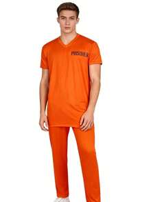 Men's Short Sleeve Top And Long Pants Cosplay Costume Prisoner Roleplay Prison Uniform Set - Burnt Orange - View 2
