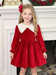 Girls' Casual Fashion Umbrella Hem Large Collar Long Sleeve Knee-Length Dress, Spring/Autumn - Red - View 3