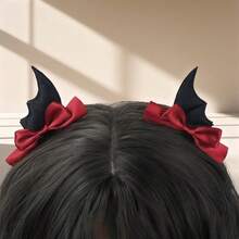 Halloween 2 Pieces Wing And Bow Hair Accessory For Women, Halloween Back-To-School Season Costume Hair Clip - Black and Red - View 6