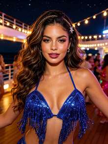 Belly Dance Jazz Sequin Fringe Halter Fitted Performance Crop Top (Multiple Colors Available) - Multicolor - View 9