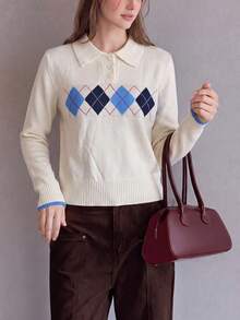 Women's Autumn/Winter Casual Minimalist Preppy Style Argyle Pattern Turn Collar Pullover Sweater Fall - Off-white - View 5