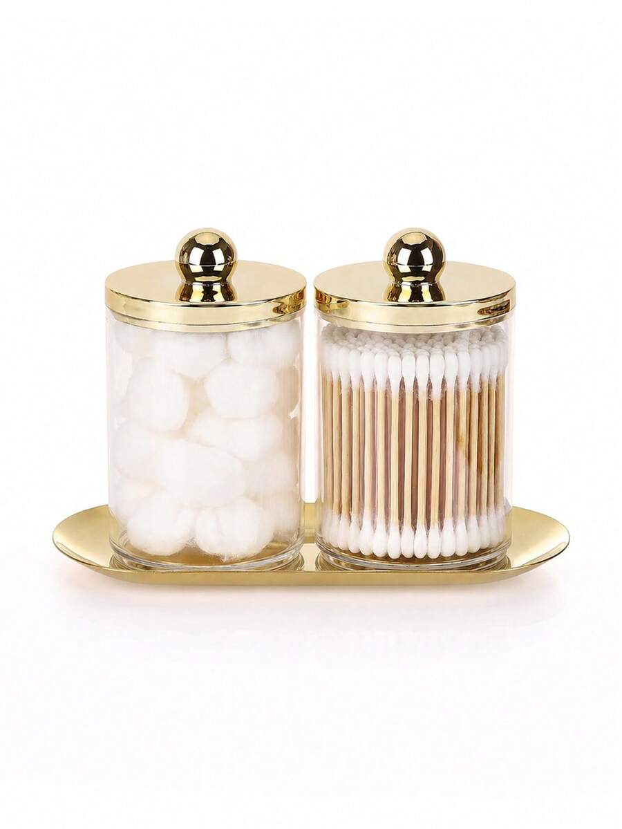 Luxury Acrylic Bathroom Storage Set With Gold Tray, Transparent Lidded Apothecary Jars For Cotton Balls, Cotton Swabs, Cotton Pads, Vanity Organizer - Multicolor - View 1