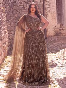 Haute Glamour Plus Plus Size Glamorous One Shoulder Cape Sleeve Sequin Beaded Formal Evening Gown - Coffee Brown - View 5