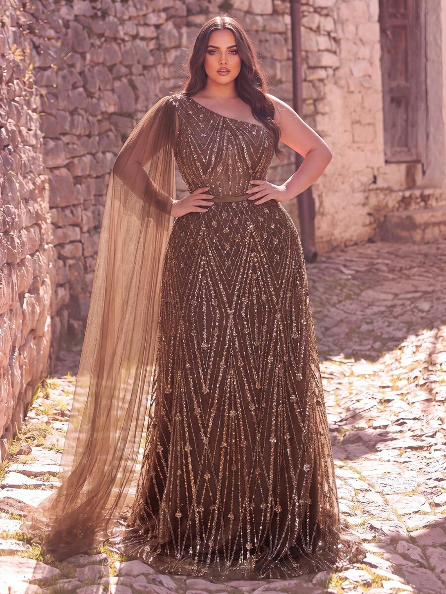 Haute Glamour Plus Plus Size Glamorous One Shoulder Cape Sleeve Sequin Beaded Formal Evening Gown