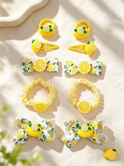 10pcs Yellow Lemon Bow Hair Clips, Elastic Lemon Hair Scrunchies, Y2K Dopamine Fruit Bow Hair Accessories, Cute Hair Decorations Suitable For Teenage Girls, Birthday Gifts, Teachers, Vacation, Summer Daily Wear, Back To School