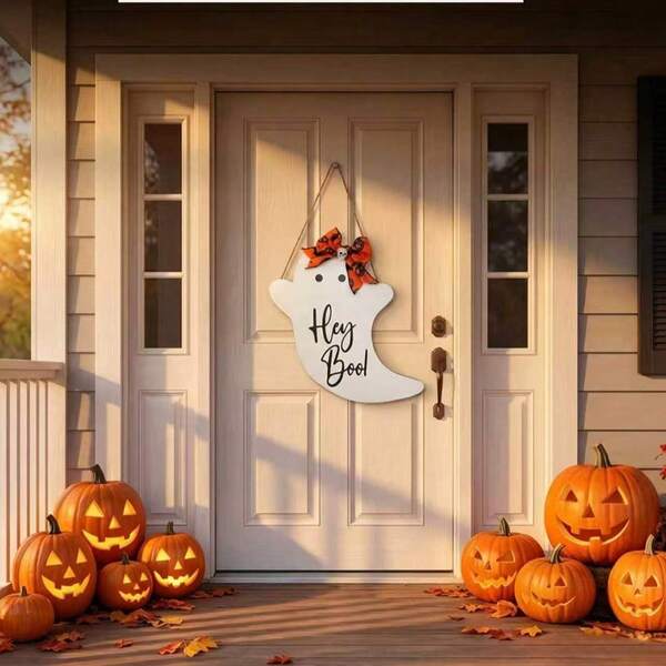 Gantungan Pintu Kayu Halloween Bentuk Hantu Jack-O-Lantern Lucu dengan Tengkorak, Pita, Simpul, dan Huruf "Hey Boo" yang Menyeramkan, Dekorasi Rumah Pertanian, Teras Depan, Dalam dan Luar Ruangan, Dekorasi Pesta Musim Gugur, Ornamen Kerajinan, Dekorasi Halloween