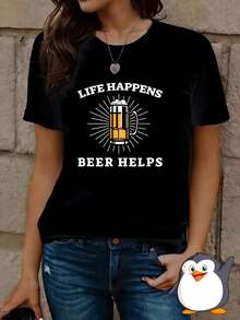 Citas sobre la cerveza, vida divertida, ayuda para beber, festival de bebidas, 1 pieza, 220g, camiseta de manga corta de talla grande para mujer, top novedoso con cuello redondo, camiseta ca - Negro - Ver 1