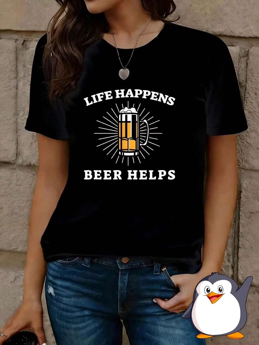 Citas sobre la cerveza, vida divertida, ayuda para beber, festival de bebidas, 1 pieza, 220g, camiseta de manga corta de talla grande para mujer, top novedoso con cuello redondo, camiseta ca - Negro - Ver 1