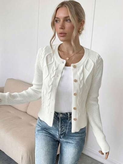 Cardigan de punto de cable minimalista con botones y manga larga para mujer