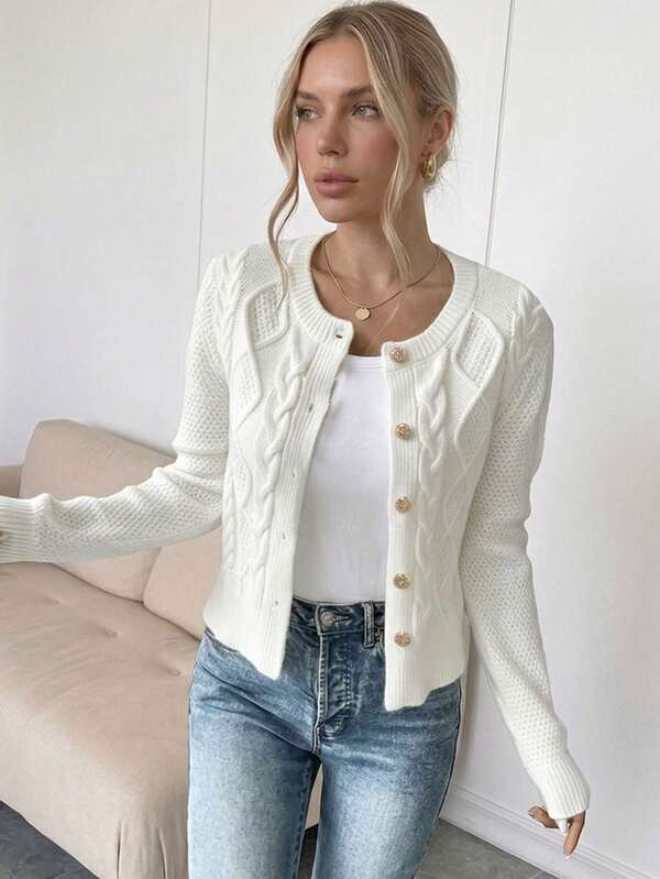 Women's Long Sleeve Minimalist Cable Knit Button-Up Cardigan
