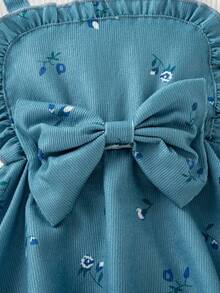 Autumn/Winter Baby Girl Cute Blue Floral Bow Flutter Sleeve Bodysuit & Bodysuit & Floral Headband & Bow Socks Full Moon/100 Days Photo Shoot & Outdoor Outfit Set - Blue - View 7