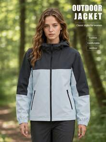 Jaket Wanita Longgar Dua Warna dengan Tudung, Patchwork Abu-abu Gelap & Biru Muda, Resleting Penuh, Hem Elastis, Jaket Kasual Sehari-hari - Light Grey - View 1
