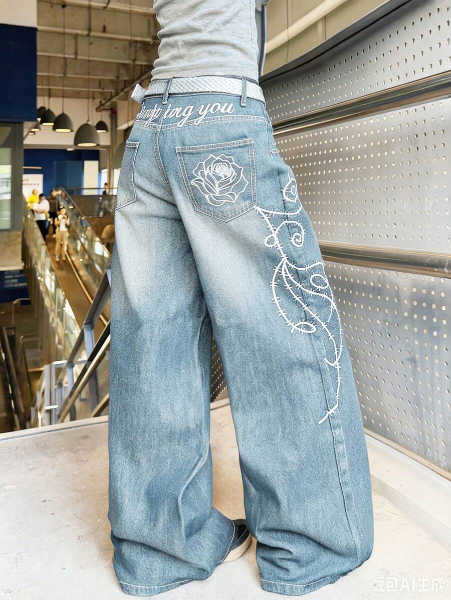1pc American Street Style Women's Embroidered Loose Wide Leg Jeans Long Pants, All Season Fashion Casual