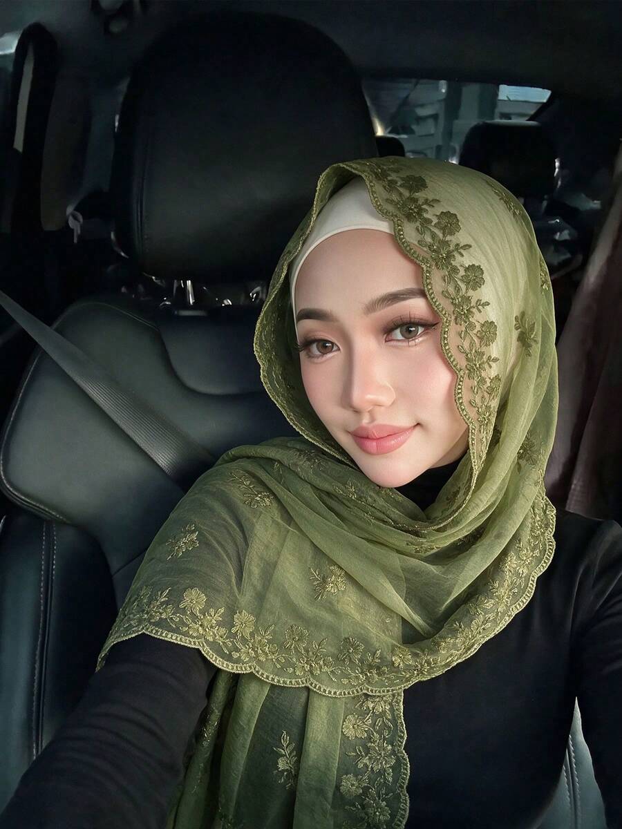 Olive Green Floral Embroidered Mesh Hijab With Soft Lace Trim, Breathable Muslim Headscarf, Simple Daily Commute Women's Veil - Multicolor - View 1