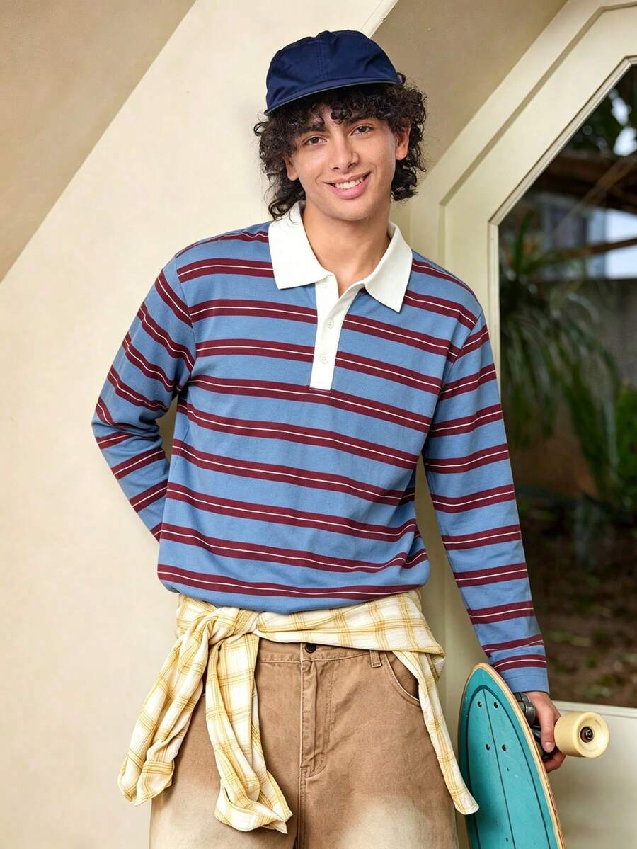 1pc Boys' Teen Striped Polo Shirt T-Shirt For Back To School Season - Blue - View 1