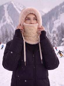 1pc Quilted Diamond Pattern Faux Fur Trim 3-In-1 Hat, Face Mask, Neck Warmer, Ear Flaps, Unisex Outdoor Cycling Skiing Cold Weather Protection Trapper Hat - Solid Color - View 2