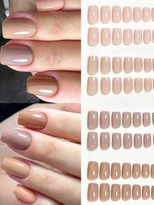 96pcs-4 Grids Solid Color Nude Press On Nail Tips, Medium Square Glossy Fake Nails, Milk Tea Coffee Neutral Tone Full Cover False Nails, Autumn Simple Daily Wear Manicure Nail Supplies For DIY Nail Art - Multicolor - View 2