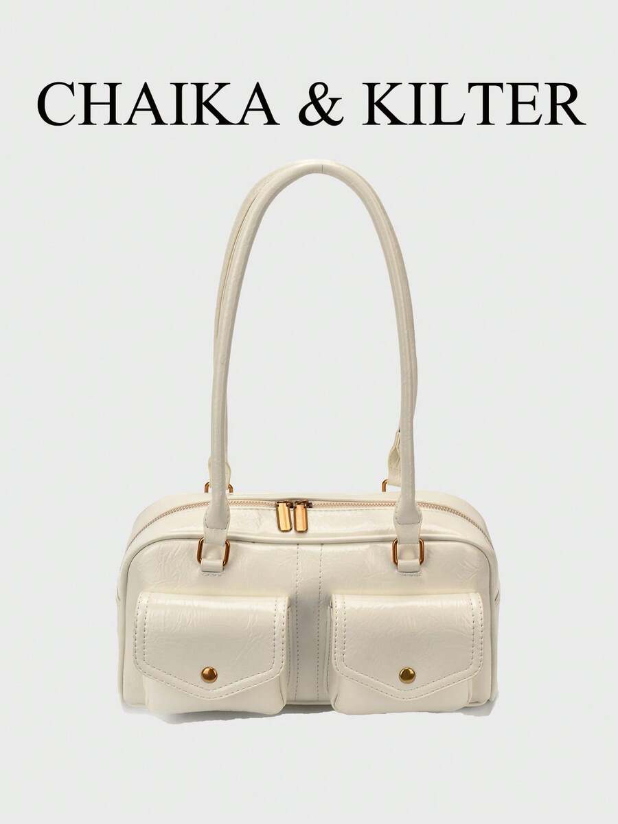 CHAIKA & KILTER 1件裝純色亮面PU布料女款時尚單肩包 多口袋大容量波士頓保齡球包 拉鍊開合 適合日常與外出使用