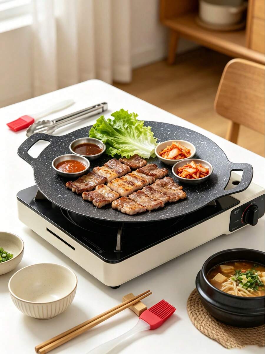 Korean Style Universal Round Non-Stick Grill Pan For Outdoor Camping, Convenient Multi-Functional, Includes Free Gift, 5-Piece Set - View 1