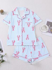 Bộ đồ ngủ nữ 2 món/set, họa tiết tôm hùm, đồ mặc nhà mùa xuân/hè, áo tay ngắn cổ bẻ và quần short, bộ đồ mặc được - Nhiều màu - Xem 1