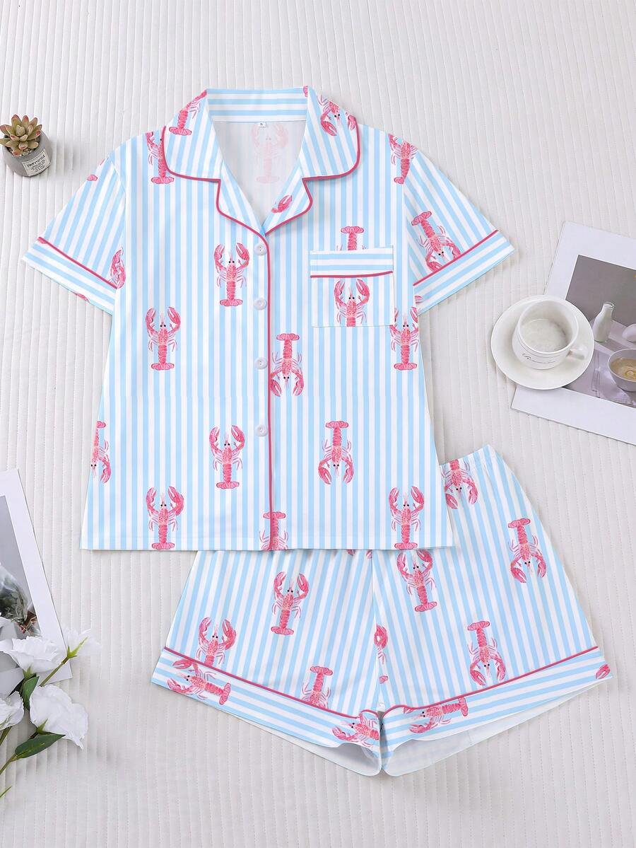 Bộ đồ ngủ nữ 2 món/set, họa tiết tôm hùm, đồ mặc nhà mùa xuân/hè, áo tay ngắn cổ bẻ và quần short, bộ đồ mặc được - Nhiều màu - Xem 1