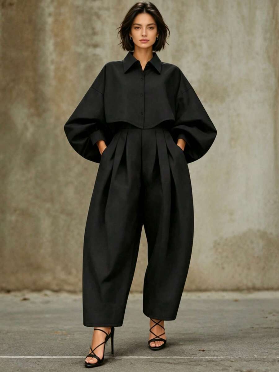 HUTENER Plus Size Women 2 Pieces Set - Lantern Sleeve Solid Color Lapel Button Design Blouse + Pocket Ruched Long Pants, Suitable For Commuting, Business, Office Black Spring Elegant - Black - View 1