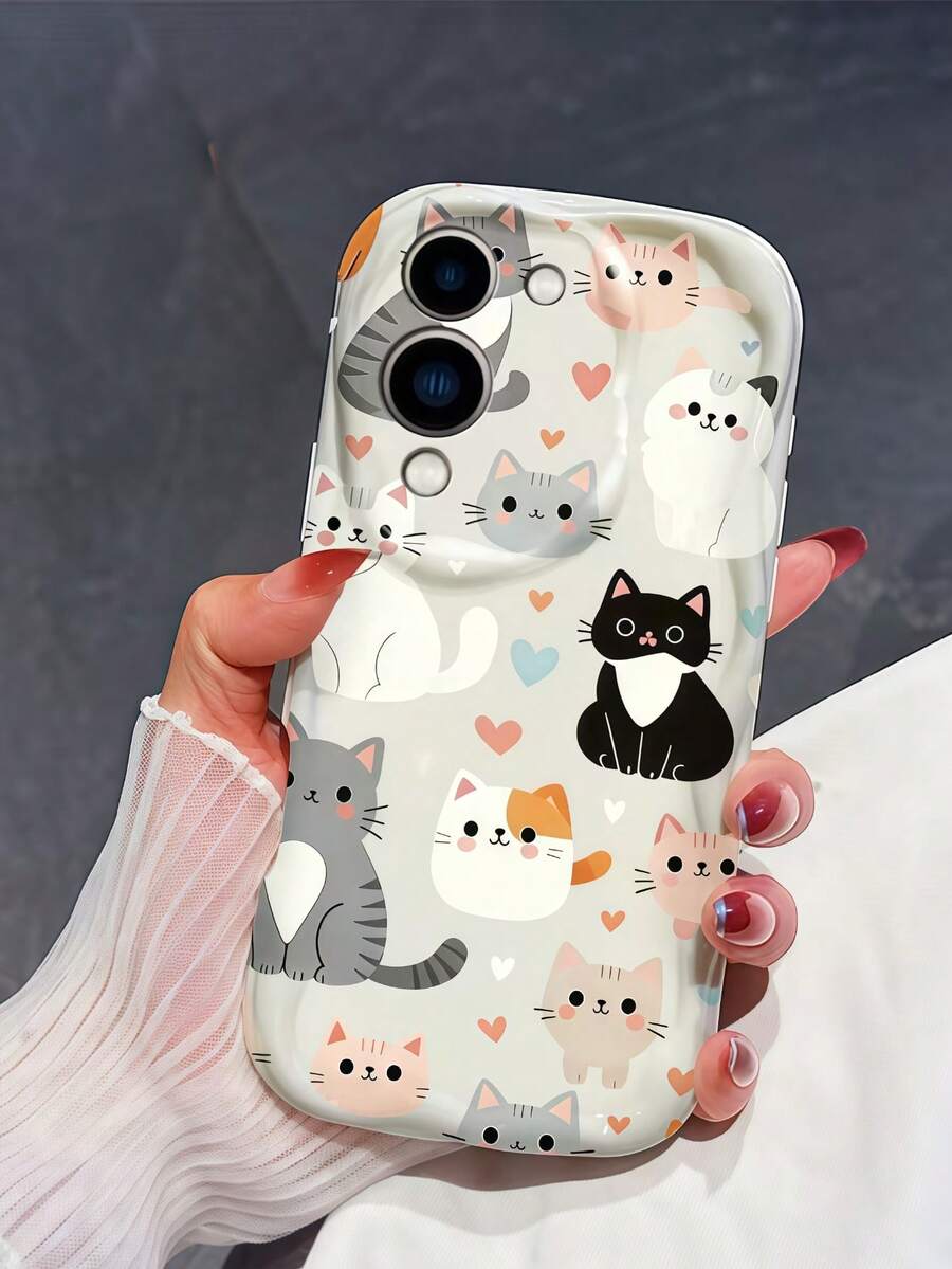 1 buah Casing Ponsel Lucu dengan Tepi Bergelombang, Motif Kartun Kucing dan Hati, Bahan TPU Lembut, Tahan Guncangan, Kompatibel dengan Ponsel Seri 1000. - Putih - View 1
