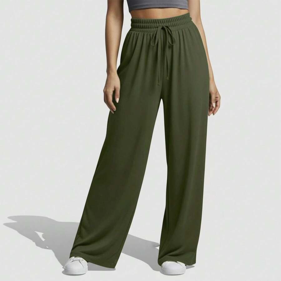 Comfortable Women's Wide-Leg Sweatpants, Soft, Structured Fit, Casual, Basic, Plain, With A Faux Drawstring. - Army Green - View 1