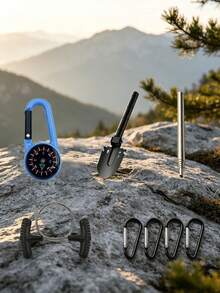 1 Set Outdoor Camping Survival Tool Kit, Folding Entrenching Shovel With Compass, Wire Saw, Blow Tube, D-Shaped Buckle - Multicolor - View 1