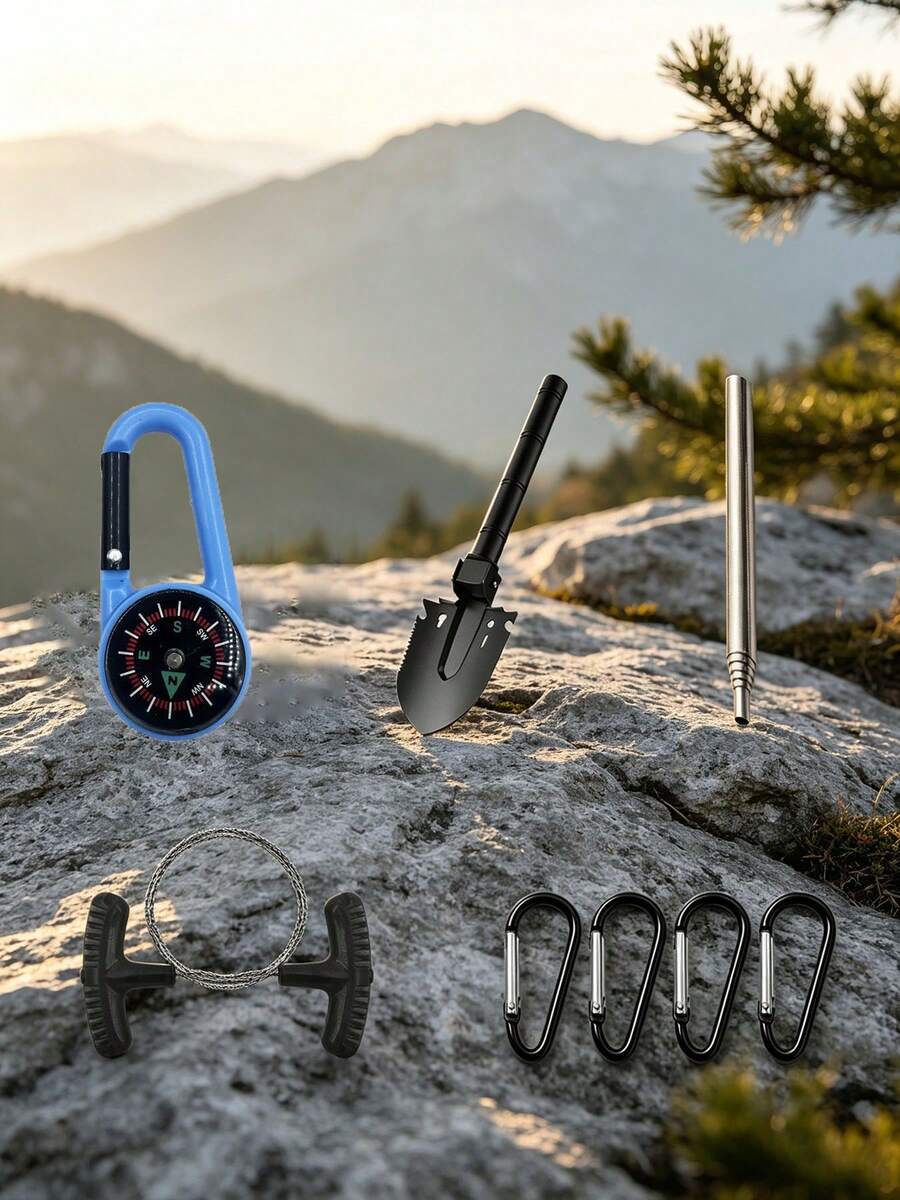 1 Set Outdoor Camping Survival Tool Kit, Folding Entrenching Shovel With Compass, Wire Saw, Blow Tube, D-Shaped Buckle - Multicolor - View 1