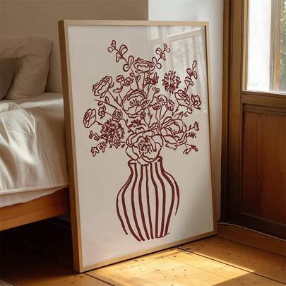 1 Piece, Burgundy Floral Print: Minimalist Striped Vase Art Print, Deep Red Floral Poster, Valentine's Day Bedroom Decor Wall Art - Canvas Wall Art, Perfect For Home, Dorm, Living Room Decor, Birthday Graduation Gift.