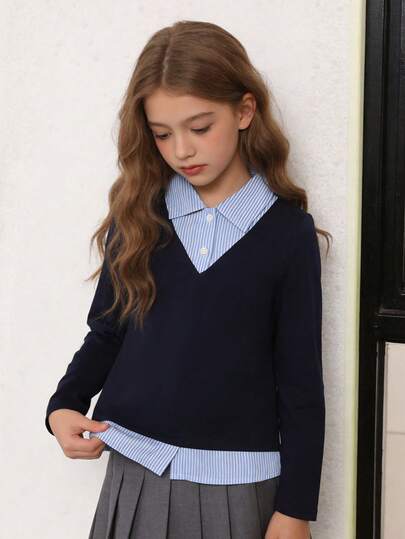 Tween Girls' T-Shirt, Spring/Autumn Fashion New Design, 2 In 1 Patchwork Shirt Collar Blue Casual POLO Top