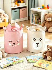 1pc New Ear Bear Cotton Linen Storage Basket For Nursery, Waterproof Foldable Laundry Hamper With Double Handles Stores Kids Clothes Toys And Sundries - Multicolor - View 6