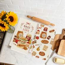 2件裝烘焙主題「BAKE WITH LOVE」圖案廚房抹布，40*60cm 柔軟超細纖維材質茶巾，適用於居家廚房、餐廳、戶外露營桌面清潔，洗碗布手巾配件，鄉村風廚房節日禮物 - 彩色 - 查看 4
