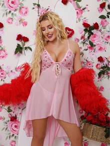 Pink Two-Tone Heart Embroidered Lace Camisole Nightgown, Sexy Deep V Neck Tie-Up Sheer Lingerie Set With Matching Sheer G-String - Pink - View 5