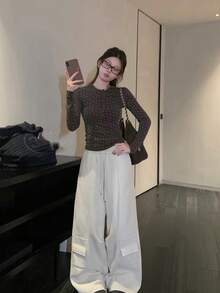 Women's Korean Style Henley Collar Button Ditsy Floral Long Sleeve Knitted Base Layer Top, Autumn Blouse - Coffee Brown - View 3