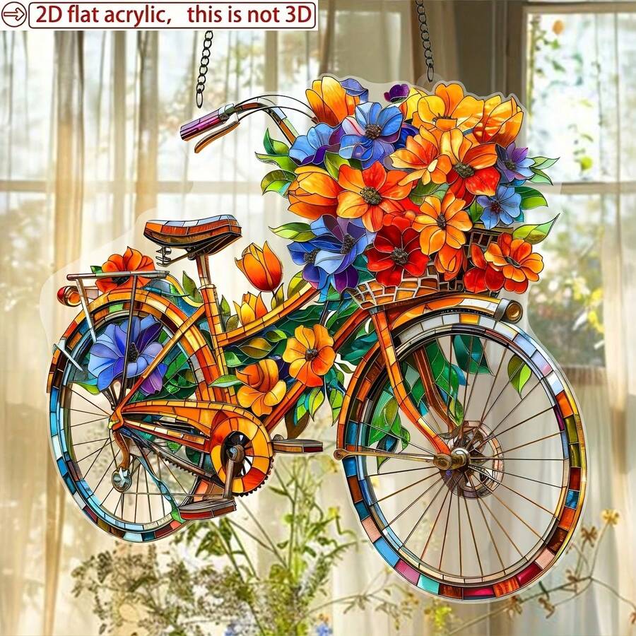 Apanhador de Sol Acrílico com Impressão Plana 2D de Bicicleta Floral Vibrante, Decoração de Jardim Colorida, Presente Ideal de Primavera e Feriado para Entusiastas de Pólen e Amantes de Jardim - Multicolorido - Visão 1