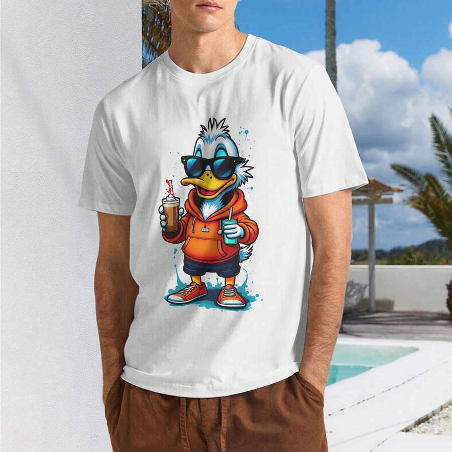 Men'S Casual Duck Graphic T-Shirt| White, Crew Neck, Short Sleeve, Lightweight Fabric With Cool Drinking Design, Perfect For Parties And Outings, - 白色 - 查看 1
