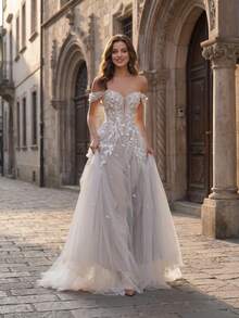 Summer Elegant Deep V-Neck Applique Long Mesh A-Line Wedding Dress, Formal Off-Shoulder Ball Gown, Women - Beige - View 3