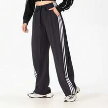 Adidas Dance WOVEN SEE THROUGH Lace-Up Striped Loose Black Sports Pants Women's - Black - View 3