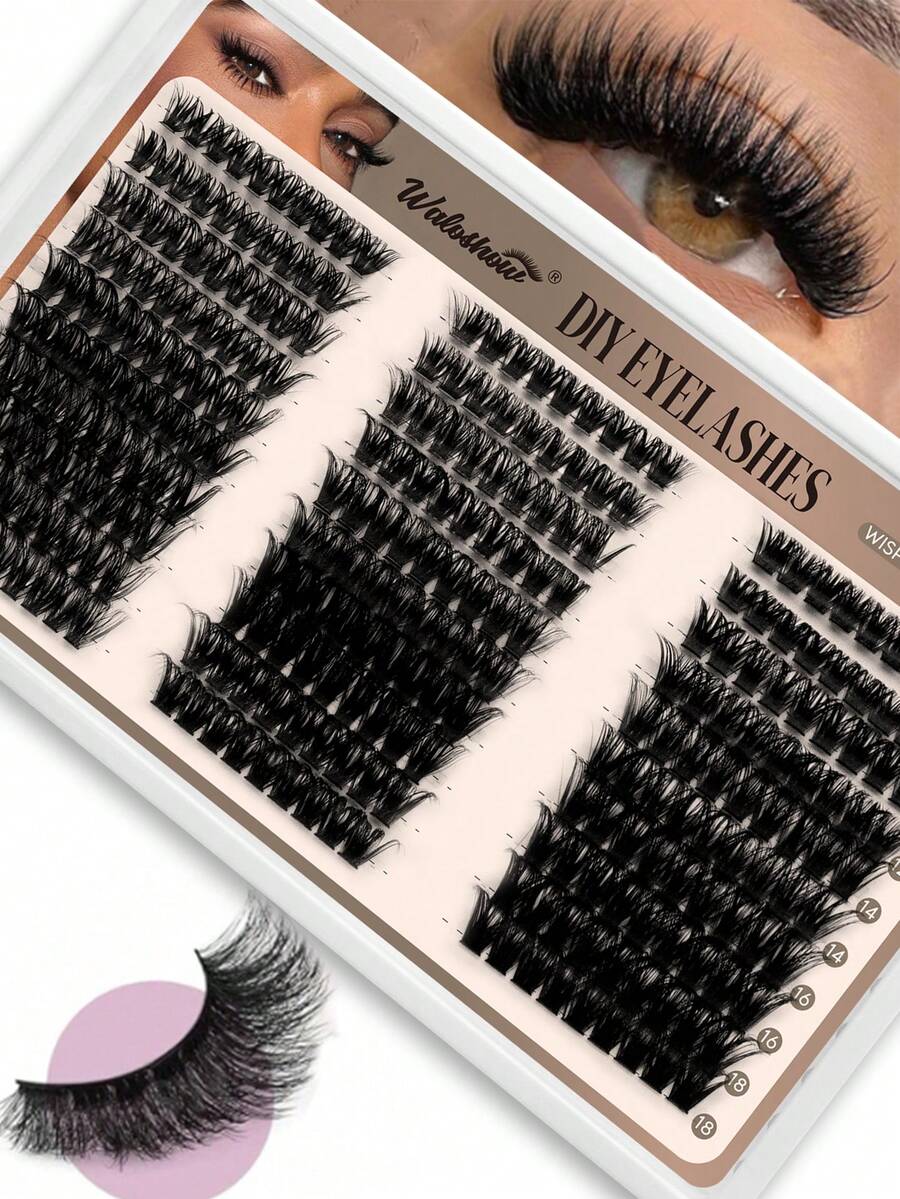 Waloshow 10 Rows 60+80+100pcs 0.07mm Fine Hot Melt Cluster False Eyelashes, 8-16mm Mixed Length Faux Mink 3D Russian Dense Single Cluster Eyelash Extensions, Black, Plastic Box - D - View 1
