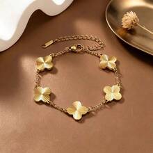 3Pcs Gold Stackable Bracelet Set, Rhinestone Bangle, Solid & Hollow Clover Chain Bracelets For Women - Gold - View 3